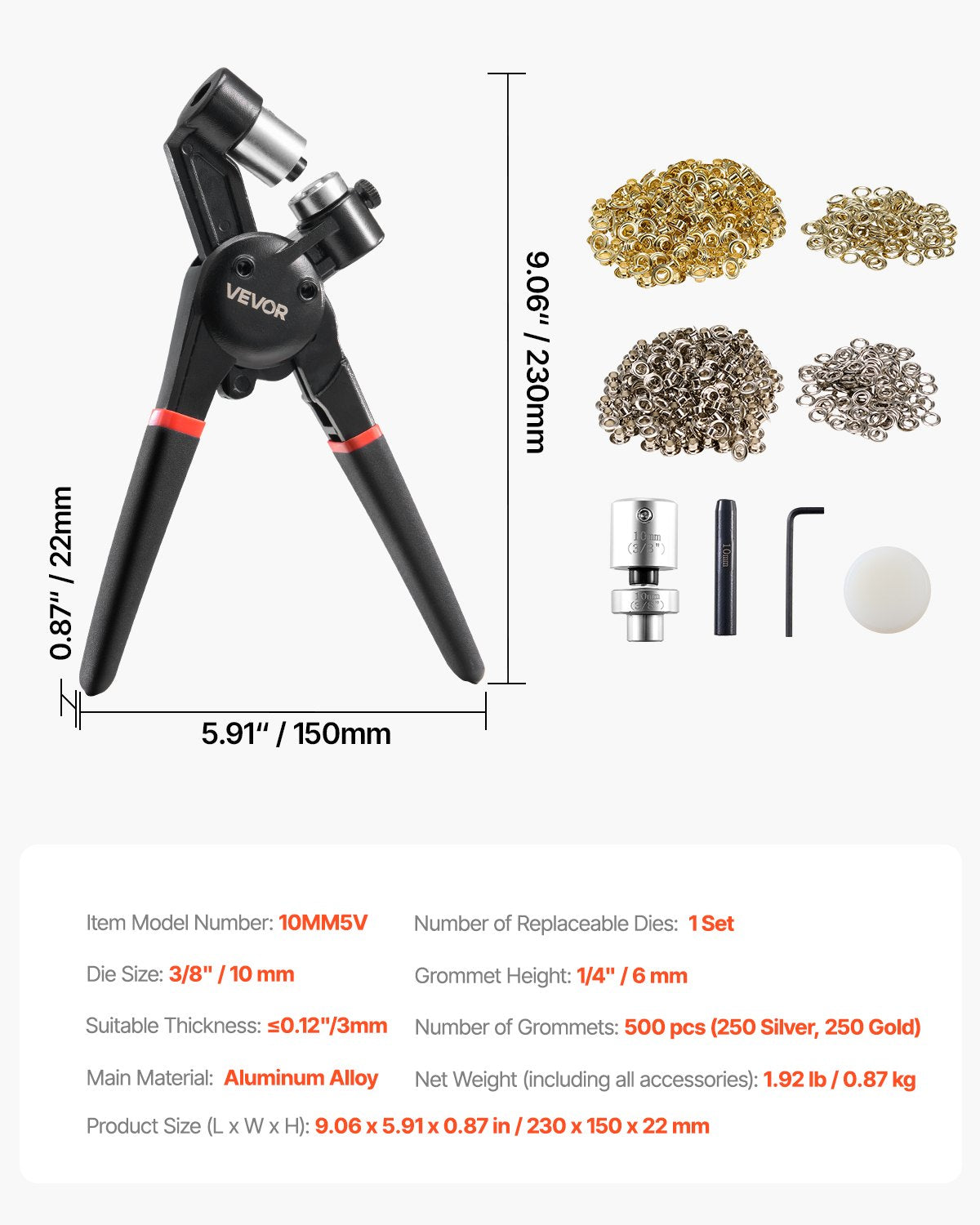 Grommet Tool Kit, 500 PCS 3/8 Inch Metal Eyelets Grommets in Gold and Silver, Eyelet Kit with Manual Grommet Press Pliers, Hole Punch, and Block, for Leather Tarp Shoes Crafts Fabric Belt