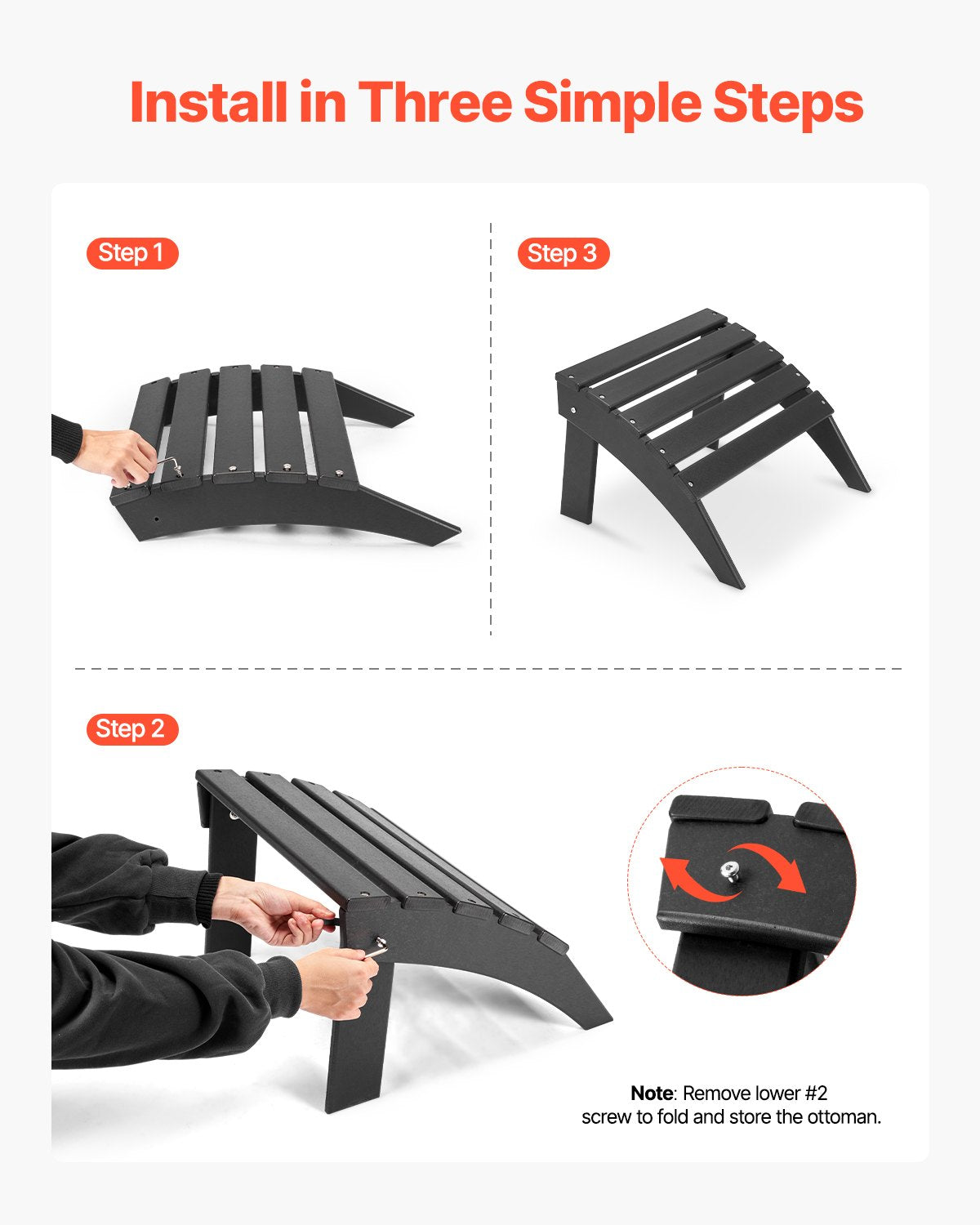 Adirondack Ottoman 18,7L x 19,7W x 13H Inch HDPE Folding Fotstöd Svart