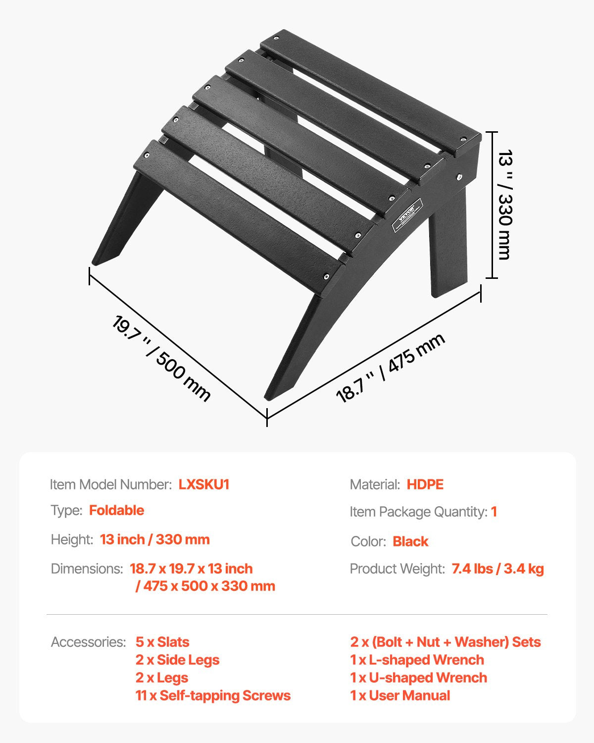 Adirondack Ottoman 18,7L x 19,7W x 13H Inch HDPE Folding Fotstöd Svart