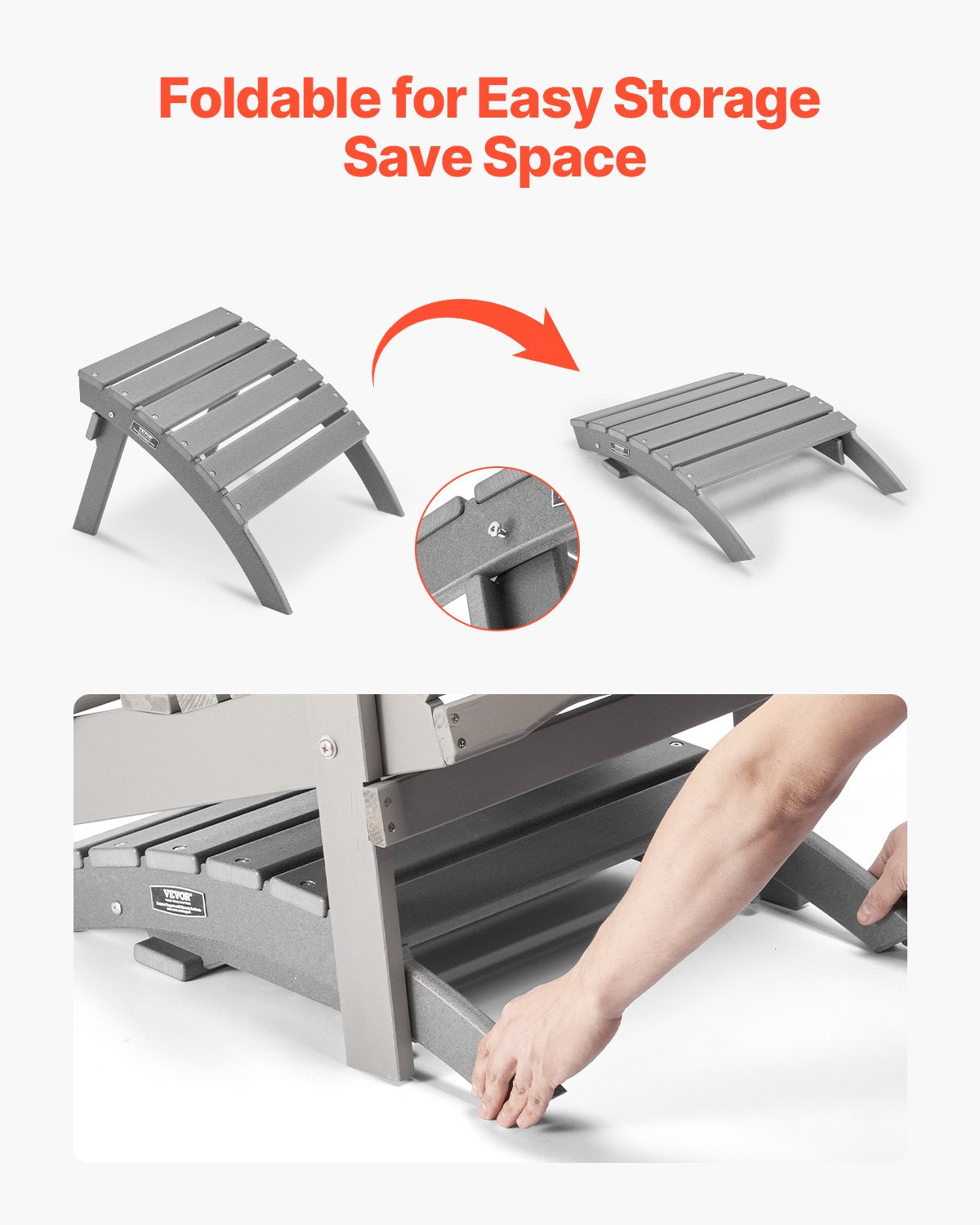 Adirondack Ottoman 21,5L x 18,9W x 14,8H tum HDPE fällbart fotstöd grått