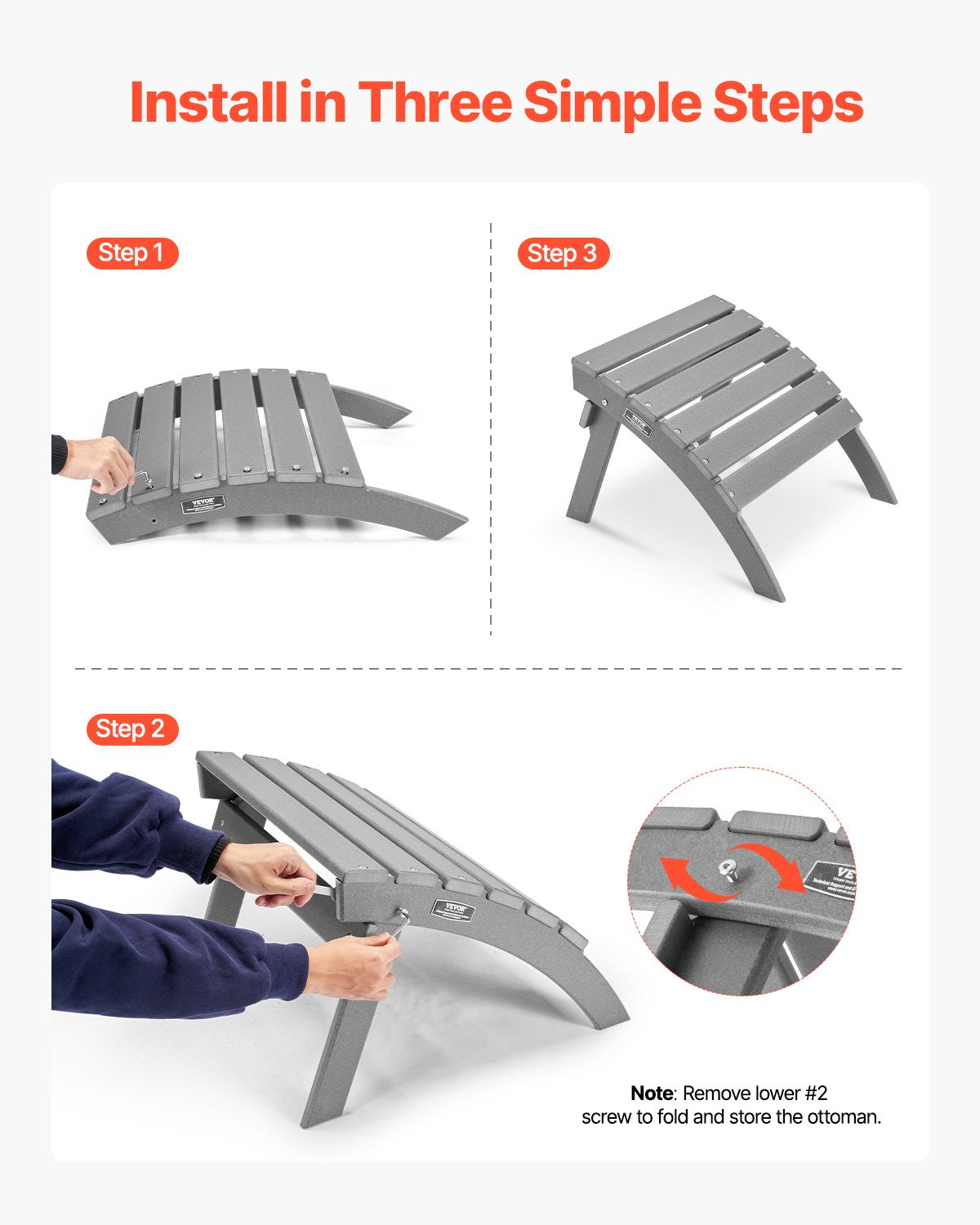 Adirondack Ottoman 21,5L x 18,9W x 14,8H tum HDPE fällbart fotstöd grått