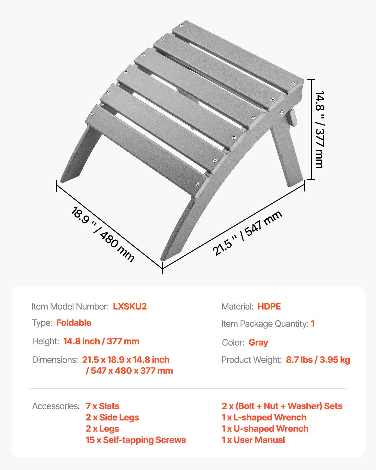 Adirondack Ottoman 21,5L x 18,9W x 14,8H tum HDPE fällbart fotstöd grått