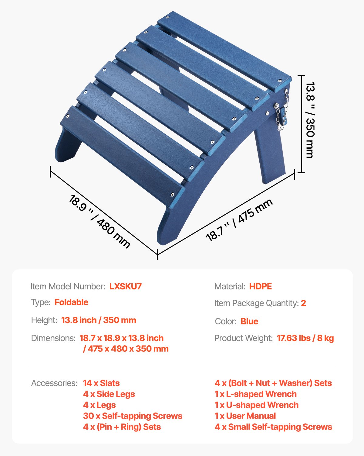 Adirondack Ottoman 2 set 18,7L x 18,9W x 13,8H tum HDPE Fotstöd Blå