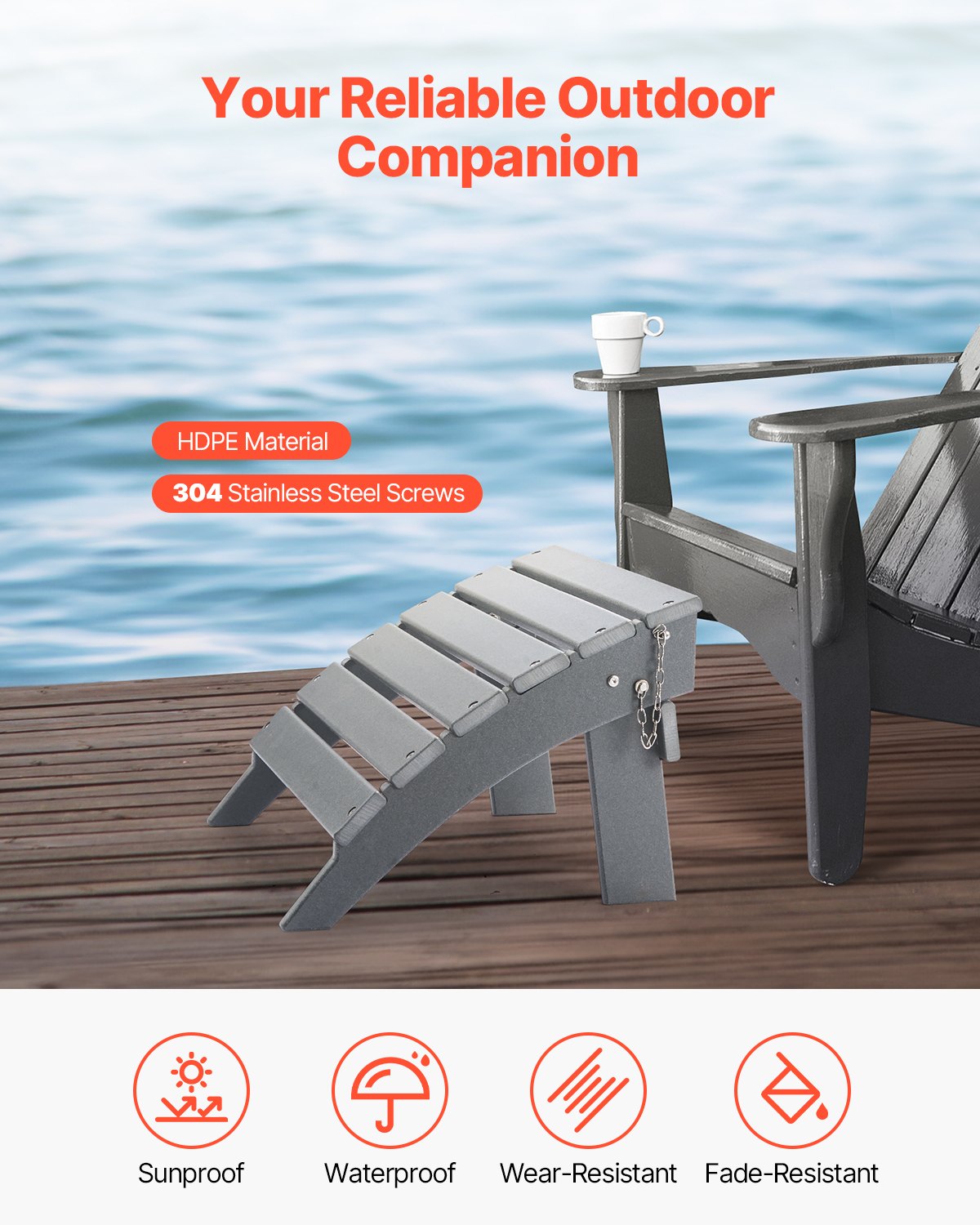 Adirondack Ottoman 16,9L x 18,9W x 13H tum HDPE fällbart fotstöd grått