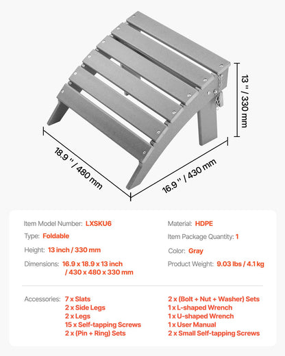 Adirondack Ottoman 16,9L x 18,9W x 13H tum HDPE fällbart fotstöd grått