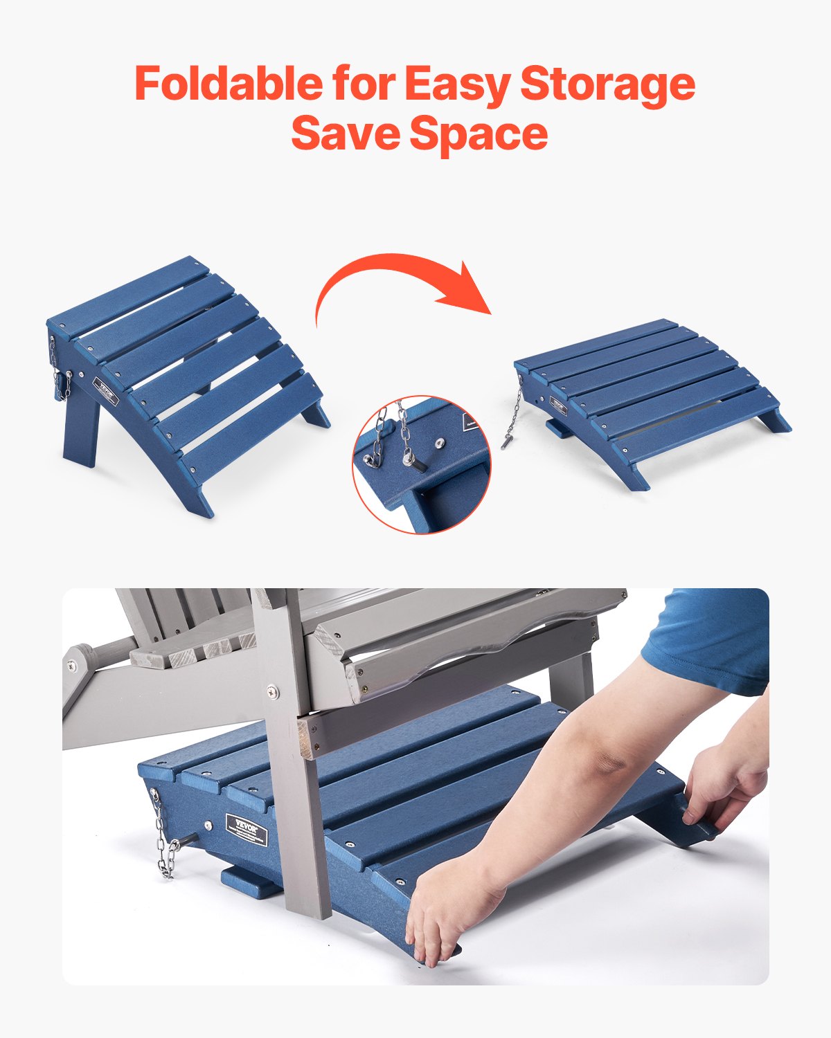 Adirondack Ottoman, 15.7L x 18.9W x 13H Inch HDPE Plastic Folding Adirondack Ottoman, Weather-Resistant Foot Rest for Adirondack Chair, Widely Used for Outside Porch Pool Lawn Backyard, Blue