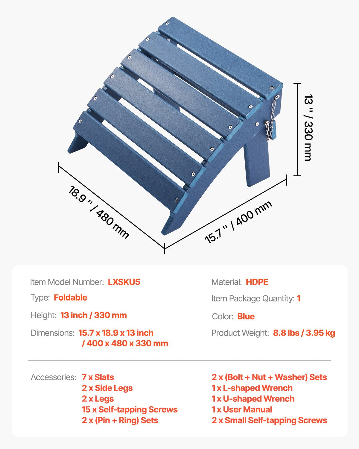 Adirondack Ottoman, 15.7L x 18.9W x 13H Inch HDPE Plastic Folding Adirondack Ottoman, Weather-Resistant Foot Rest for Adirondack Chair, Widely Used for Outside Porch Pool Lawn Backyard, Blue