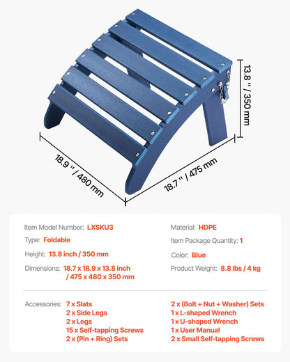 Adirondack Ottoman 18,7L x 18,9W x 13,8H tum HDPE fällbart fotstöd Blå