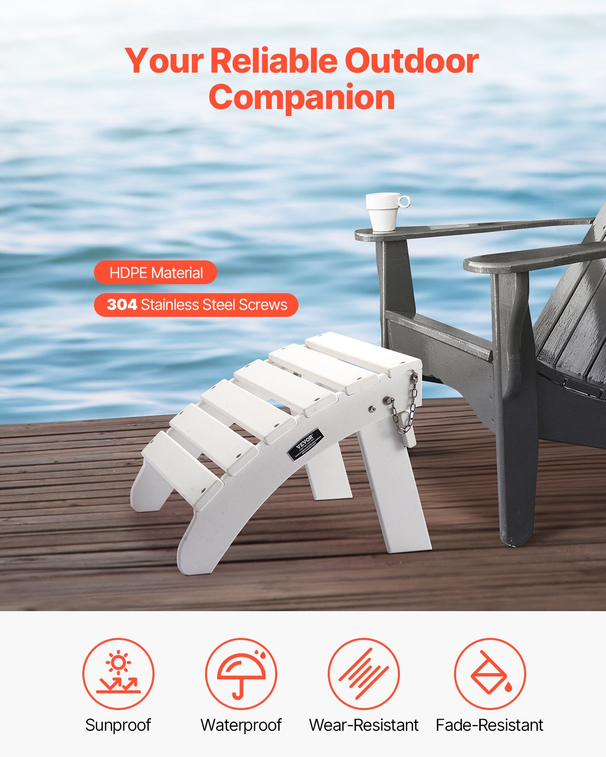 Adirondack Ottoman 17,7L x 19,7B x 13,8H Zoll HDPE Klappbare Fußstütze Weiß