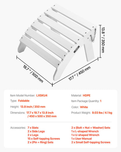 Adirondack Ottoman 17,7L x 19,7B x 13,8H Zoll HDPE Klappbare Fußstütze Weiß