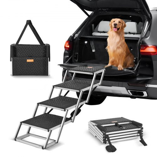 Dog Stair for Cars, Wide 4-step Dog Car Steps, Folding Dog Car Ramp with Nonslip Surface, Portable Pet Steps Lightweight Aluminum for Car, SUV and Truck, Supports up to 150 lbs