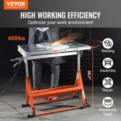 -Welding Table 30" x 20", 400lbs Load Capacity Steel Welding Workbench Table on Wheels, Foldable Workbench with Three 1.1" Tracks, 3 Tilt Angles, Adjustable Height, Retractable Guide Rails | EU