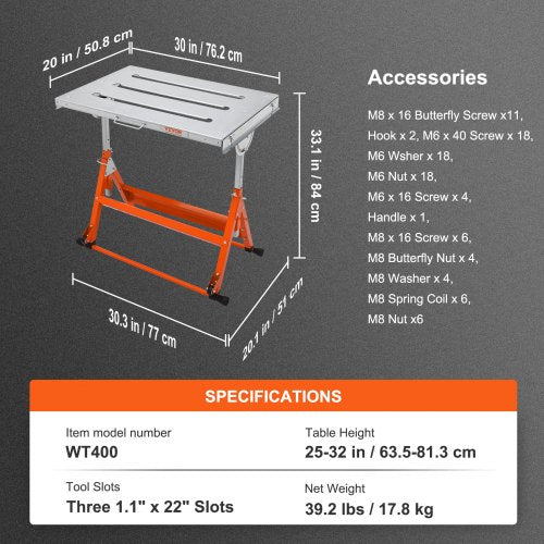 -Welding Table 30" x 20", 400lbs Load Capacity Steel Welding Workbench Table on Wheels, Foldable Workbench with Three 1.1" Tracks, 3 Tilt Angles, Adjustable Height, Retractable Guide Rails | EU