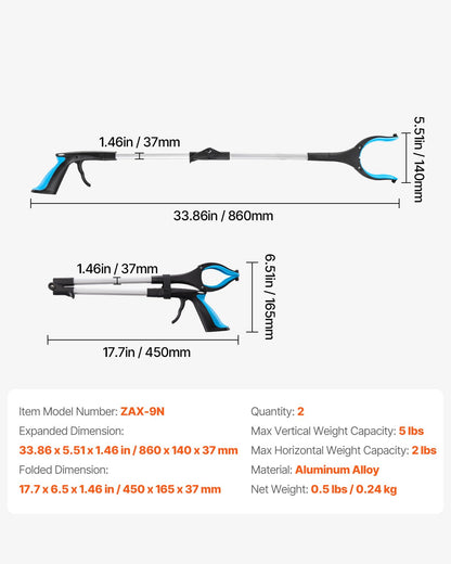Grabber Reacher Tool, 2-Pack 34" Foldable Reacher Grabber Pickup Tool with 360° Rotating Wide Jaw and Dual-Sided Magnet, Lightweight Grabber Reacher Tool for Seniors, Trash Picker Upper Grabber