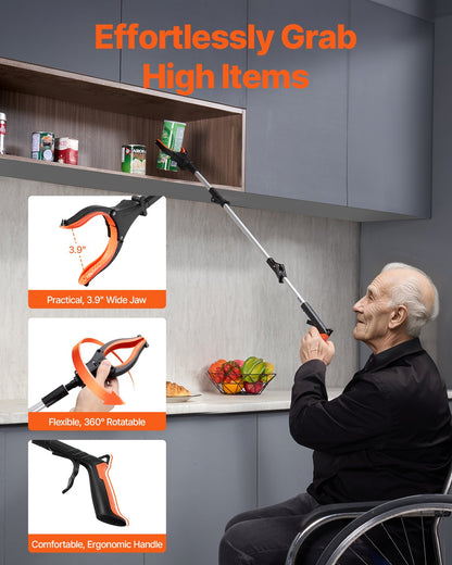 Grabber Reacher Tool, 43" Foldable Reacher Grabber Pickup Tool with 360° Rotating Jaw, Magnet and LED Light, Lightweight Grabber Reacher Tool for Seniors, Extra Long Trash Picker Upper Grabber