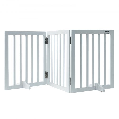 Free Standing Dog Gate, 24" H x 60" W Freestanding Pet Gate, 3 Panels Foldable Dog Gate for Wide and Narrow Passageways, Expandable Dog Barrier with Silent Foot Support for Indoor, White