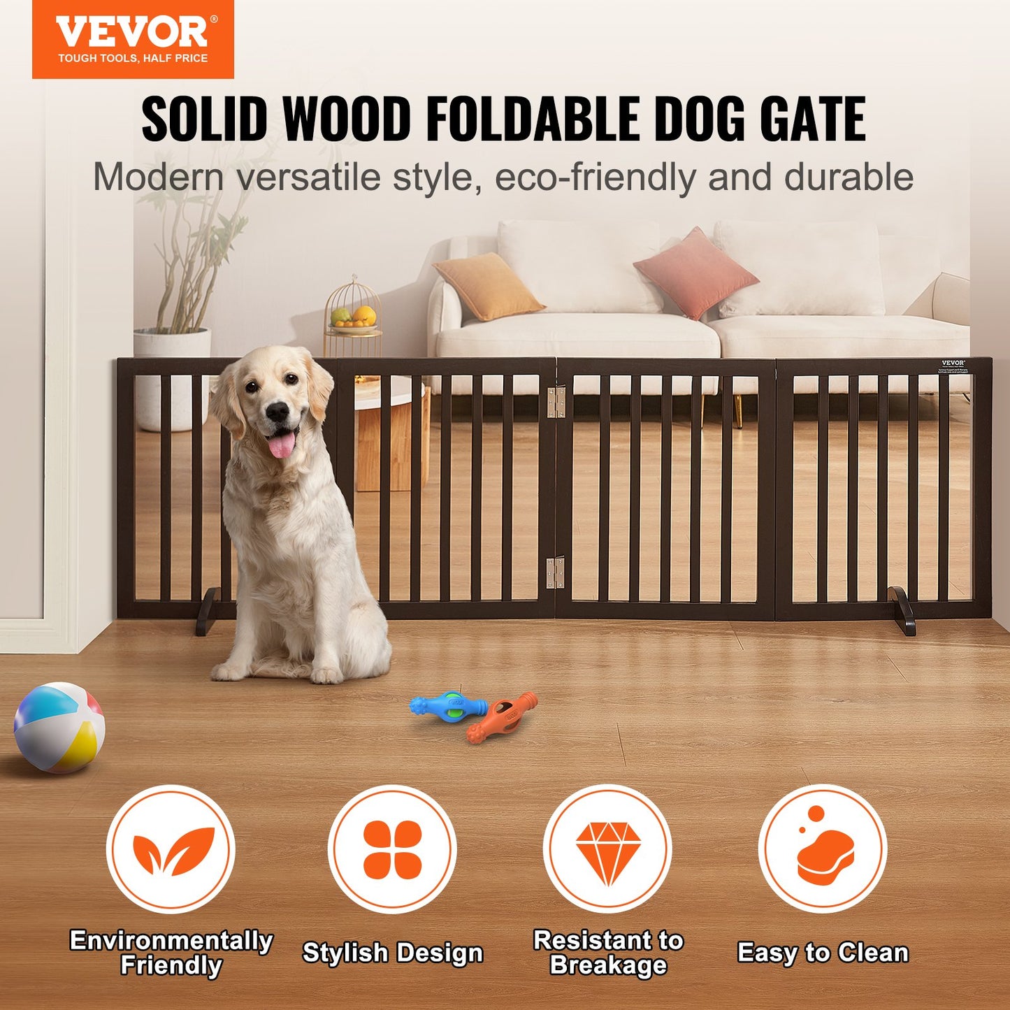 Fristående Dog Gate 24x80,3 tum Fristående Pet Gate Vikbar Brun