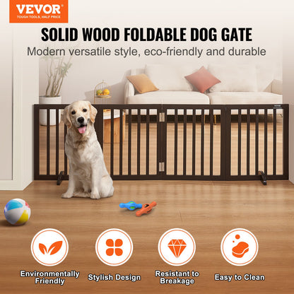 Fristående Dog Gate 24x80,3 tum Fristående Pet Gate Vikbar Brun
