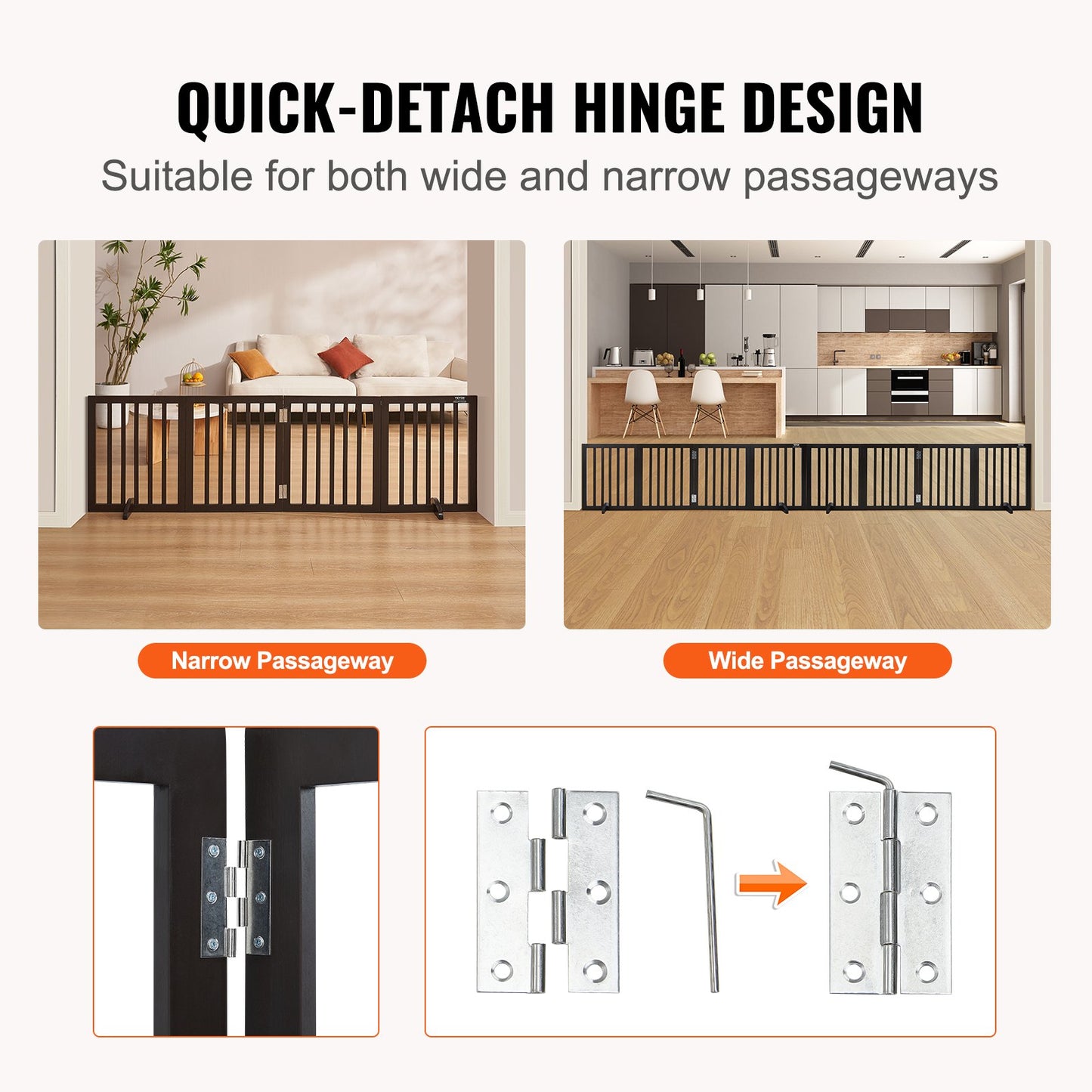 Fristående Dog Gate 24x80,3 tum Fristående Pet Gate Vikbar Brun