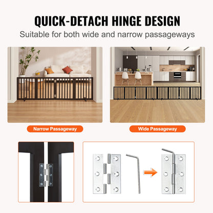 Fristående Dog Gate 24x80,3 tum Fristående Pet Gate Vikbar Brun