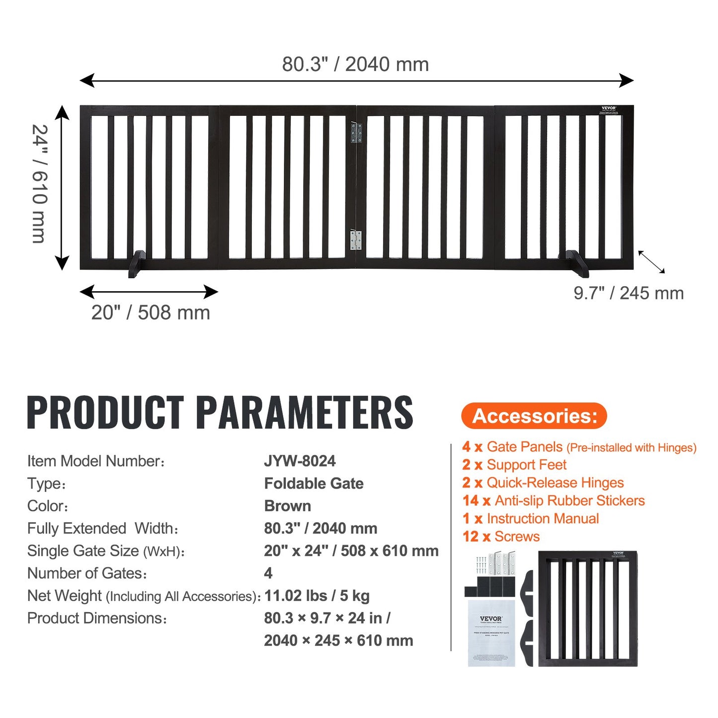 Fristående Dog Gate 24x80,3 tum Fristående Pet Gate Vikbar Brun
