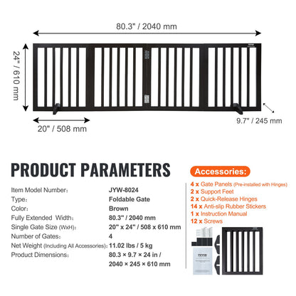 Fristående Dog Gate 24x80,3 tum Fristående Pet Gate Vikbar Brun