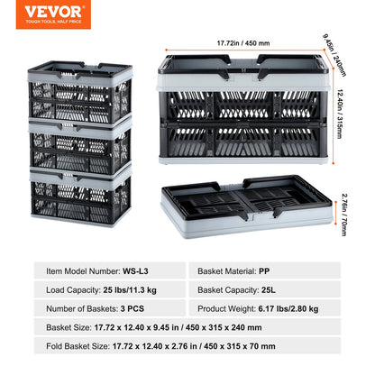 Collapsible Shopping Basket, 3 Pack, 25L Plastic Foldable Storage Crate with Handle, Grocery Fruit Vegetable Shopping Basket Folding Storage Container for Supermarket Retail Shopping, Black