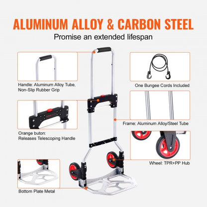 Folding Hand Truck, 176 lbs Load Capacity, Portable Aluminum Cart, Convertible Hand Truck and Dolly with Telescopic Handle and Rubber Wheels, Ultralight Super Strong for Moving Warehouse | EU