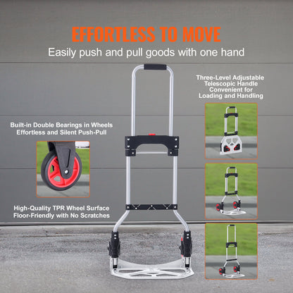 Folding Hand Truck and Dolly, 176 lbs Capacity, Aluminum Foldable Cart, Heavy-Duty Luggage Trolley Cart with Telescoping Handle and PP+TPR Wheels for Home, Office, Shopping, Travel