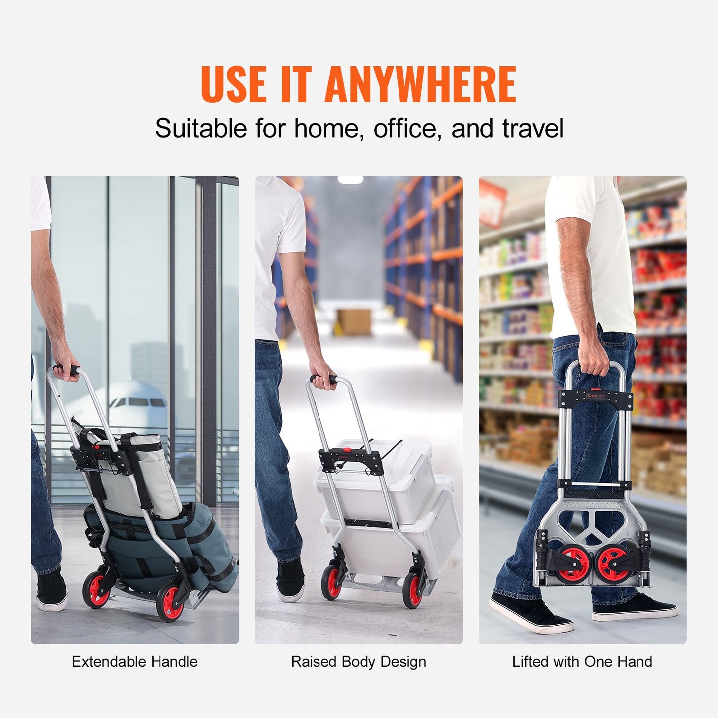 Folding Hand Truck and Dolly, 176 lbs Capacity, Aluminum Foldable Cart, Heavy-Duty Luggage Trolley Cart with Telescoping Handle and PP+TPR Wheels for Home, Office, Shopping, Travel