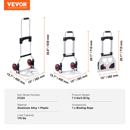 Folding Hand Truck and Dolly, 176 lbs Capacity, Aluminum Foldable Cart, Heavy-Duty Luggage Trolley Cart with Telescoping Handle and PP+TPR Wheels for Home, Office, Shopping, Travel