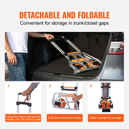 Folding Hand Truck, 275 lbs Load Capacity, Aluminum Portable Cart, Convertible Hand Truck and Dolly with Telescoping Handle and PP+TPR Wheels, Ultra Lightweight Super Strong for Moving Warehouse