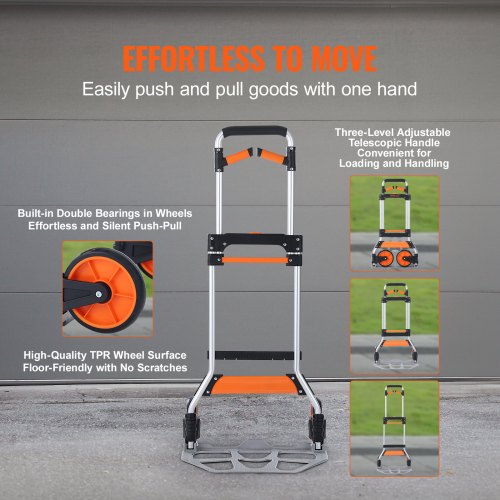 Hopfällbar säckkärra, 145 kg lastkapacitet, bärbar vagn i aluminium, konvertibel säckkärra och vagn med teleskophandtag och PP+TPR-hjul, ultralätt superstark för flytt av lager |  EU