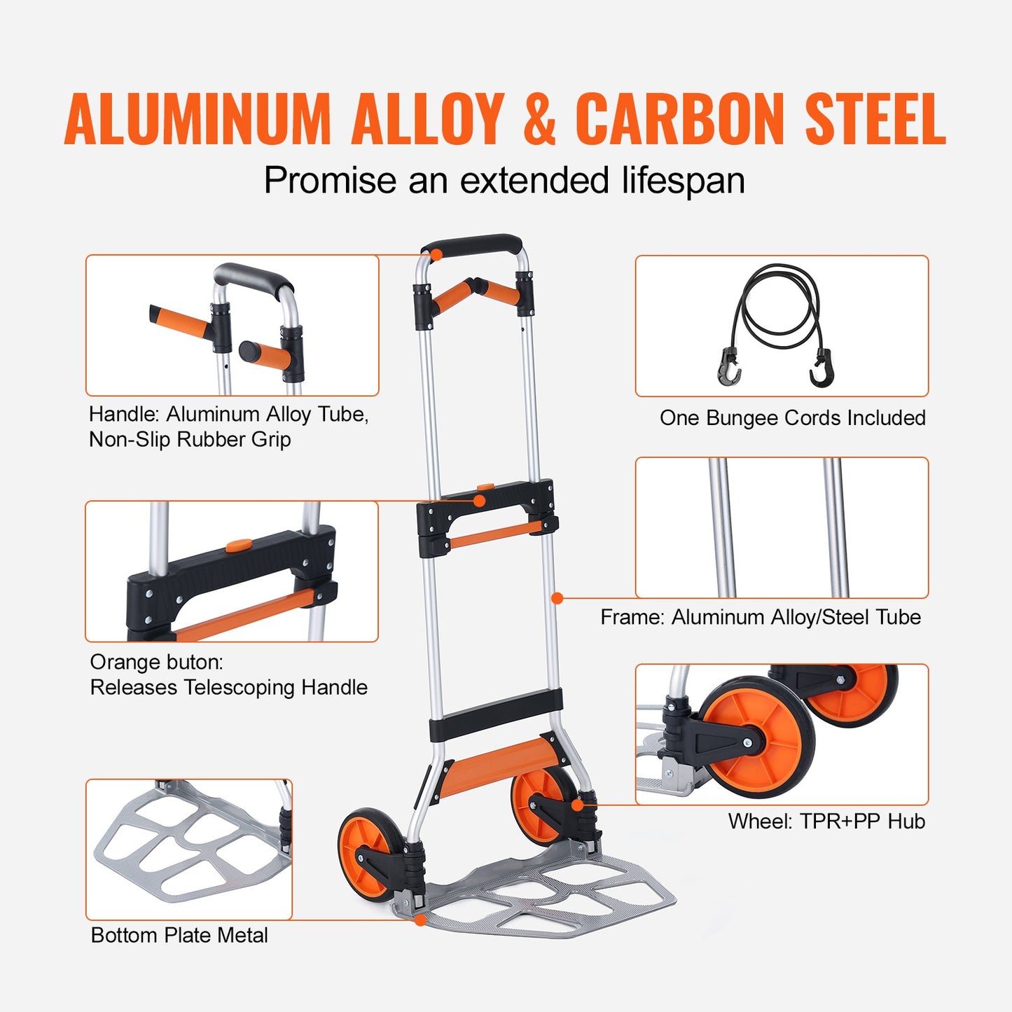 Folding Hand Truck, 309 lbs Load Capacity, Aluminum Portable Cart, Convertible Hand Truck and Dolly with Telescoping Handle and PP+TPR Wheels, Ultra Lightweight Super Strong for Moving Warehouse