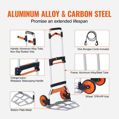 Folding Hand Truck, 309 lbs Load Capacity, Aluminum Portable Cart, Convertible Hand Truck and Dolly with Telescoping Handle and PP+TPR Wheels, Ultra Lightweight Super Strong for Moving Warehouse