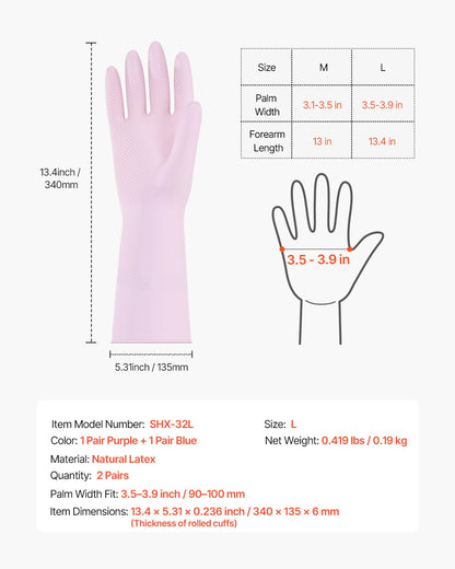 Reusable Dishwashing Gloves, 2 Pairs Colorful Reusable Household Kitchen Cleaning Gloves for Washing Dishes and Cleaning Tasks, Flexible Long-lasting and Non-Slip, Large, Pink + Purple