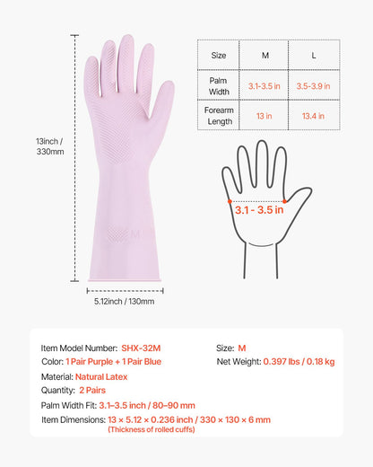 Reusable Dishwashing Gloves, 2 Pairs Colorful Reusable Household Kitchen Cleaning Gloves for Washing Dishes and Cleaning Tasks, Flexible Long-lasting and Non-Slip, Medium, Pink + Purple