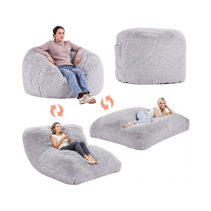 Bean Bag Bed Chair, Convertible Chair from BeanBag to Lounge or Mattress, Gaint Bean Bag Chair Bed with Washable Cover for Adults, Fluffy Plush, Foam Filling and Side Pocket, Grey(Full Size)