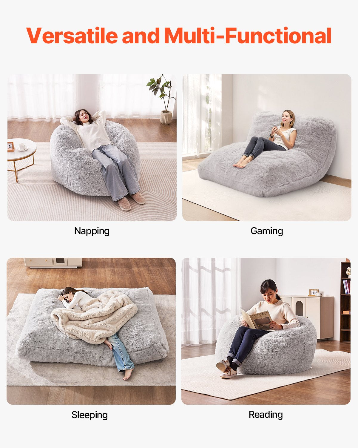 Bean Bag Bed Chair Convertible from Chair to Lounge or Mattress Grey-Full
