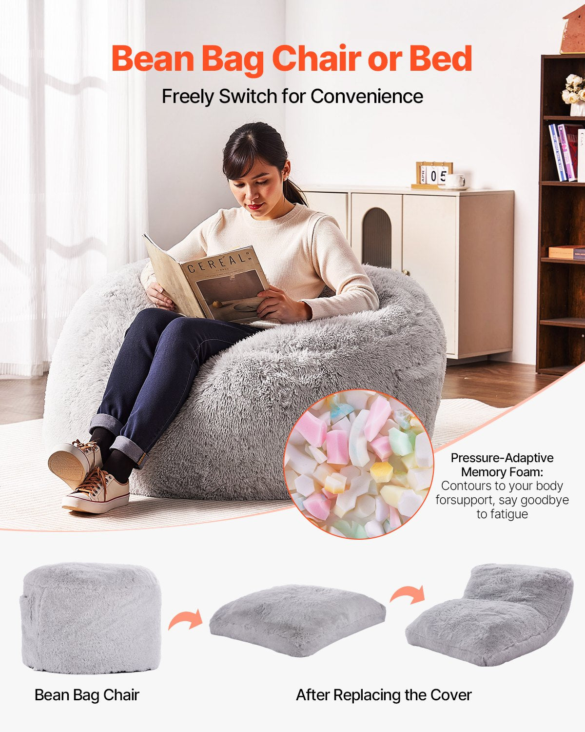 Bean Bag Bed Chair, Convertible Chair from BeanBag to Lounge or Mattress, Gaint Bean Bag Chair Bed with Washable Cover for Adults, Fluffy Plush, Foam Filling and Side Pocket, Grey(Queen Size)