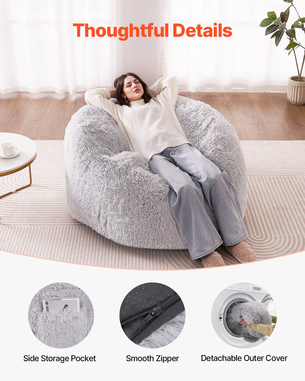 Bean Bag Bed Chair, Convertible Chair from BeanBag to Lounge or Mattress, Gaint Bean Bag Chair Bed with Washable Cover for Adults, Fluffy Plush, Foam Filling and Side Pocket, Grey(Queen Size)