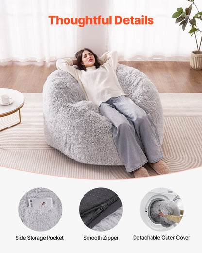 Bean Bag Bed Chair, Convertible Chair from BeanBag to Lounge or Mattress, Gaint Bean Bag Chair Bed with Washable Cover for Adults, Fluffy Plush, Foam Filling and Side Pocket, Grey(Queen Size)