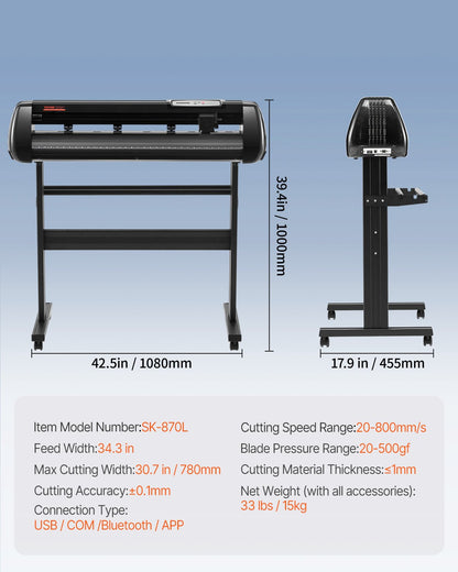 Vinyl Cutter Machine, 34in Offline Bluetooth Cutting Plotter Machine, 400in/10m Steel Roller Shaft Adjustable Speed Force, SignMaster Software Tool DIY Craft Kit for Sign Making Windows & Mobile
