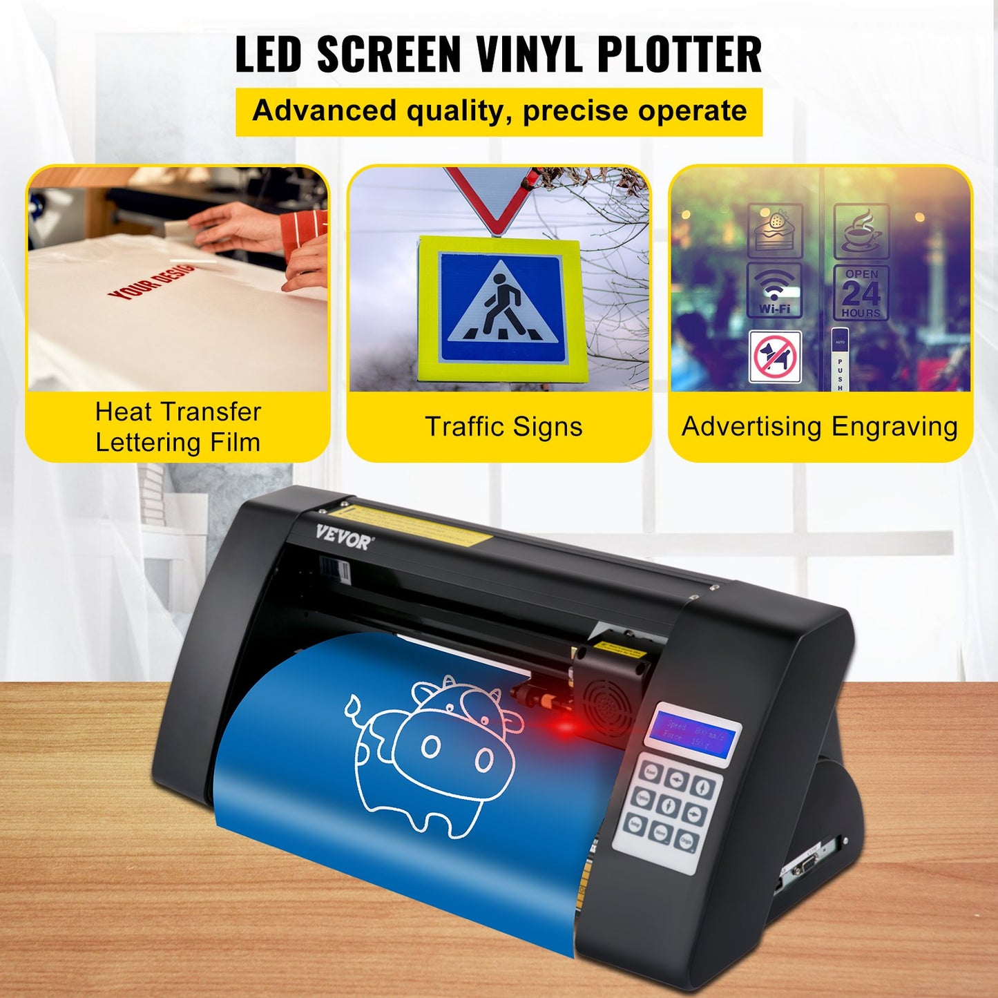 Vinylskärare, 375 mm vinylplotter, LED-skärmplotterskärare, halvautomatisk inbyggt optiskt öga för exakt styrning, kompatibel med SignMaster-programvaran för Windows System Desktop Design