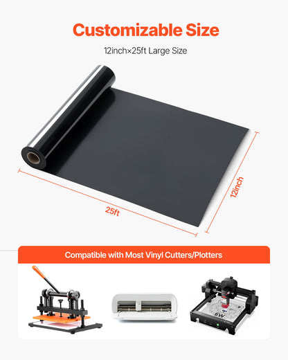 Heat Transfer Vinyl, 12 in x 25 ft, Glossy Black HTV Iron on Vinyl Roll, Easy to Cut and Weed, Strong Adhesion, Compatible with Cutting Machines, for Various Materials, T-shirts, Pillows, Hats