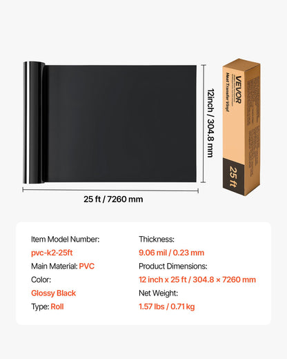 Heat Transfer Vinyl, 12 in x 25 ft, Glossy Black HTV Iron on Vinyl Roll, Easy to Cut and Weed, Strong Adhesion, Compatible with Cutting Machines, for Various Materials, T-shirts, Pillows, Hats