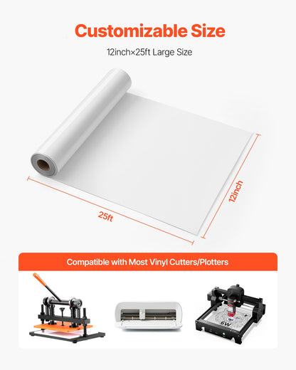 Heat Transfer Vinyl, 12 in x 25 ft, Glossy White HTV Iron on Vinyl Roll, Easy to Cut and Weed, Strong Adhesion, Compatible with Cutting Machines, for Various Materials, T-shirts, Pillows, Hats