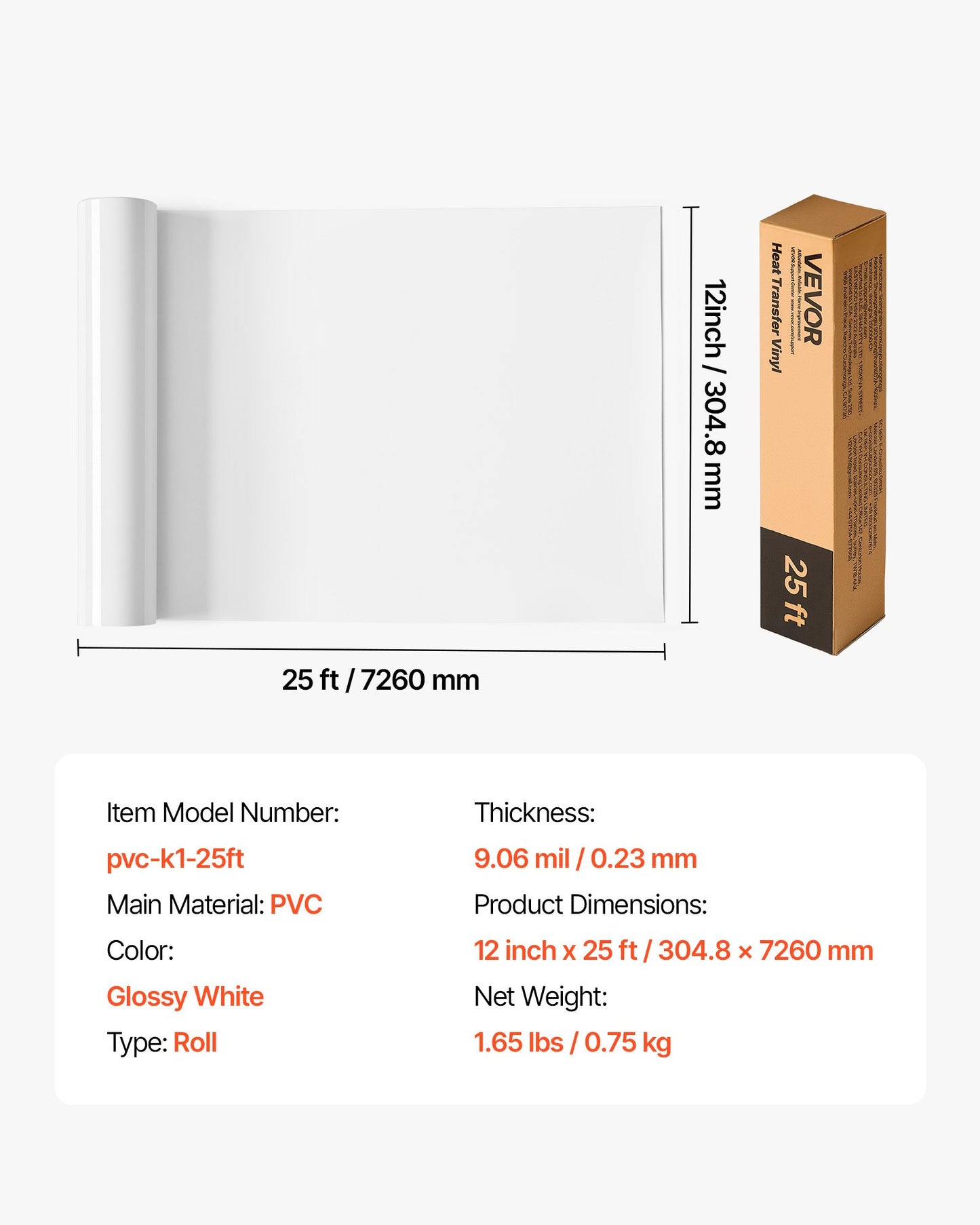 Heat Transfer Vinyl, 12 in x 25 ft, Glossy White HTV Iron on Vinyl Roll, Easy to Cut and Weed, Strong Adhesion, Compatible with Cutting Machines, for Various Materials, T-shirts, Pillows, Hats