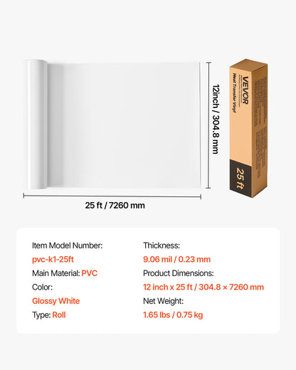 Heat Transfer Vinyl, 12 in x 25 ft, Glossy White HTV Iron on Vinyl Roll, Easy to Cut and Weed, Strong Adhesion, Compatible with Cutting Machines, for Various Materials, T-shirts, Pillows, Hats