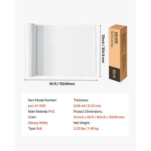 Värmeöverföringsvinyl HTV Strykvinylrulle 304,8 x 15240 mm Glansig vit |  EU